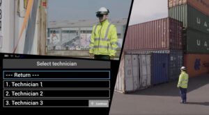 Worker using our AR+AI glasses' digital workflow for container inspection.